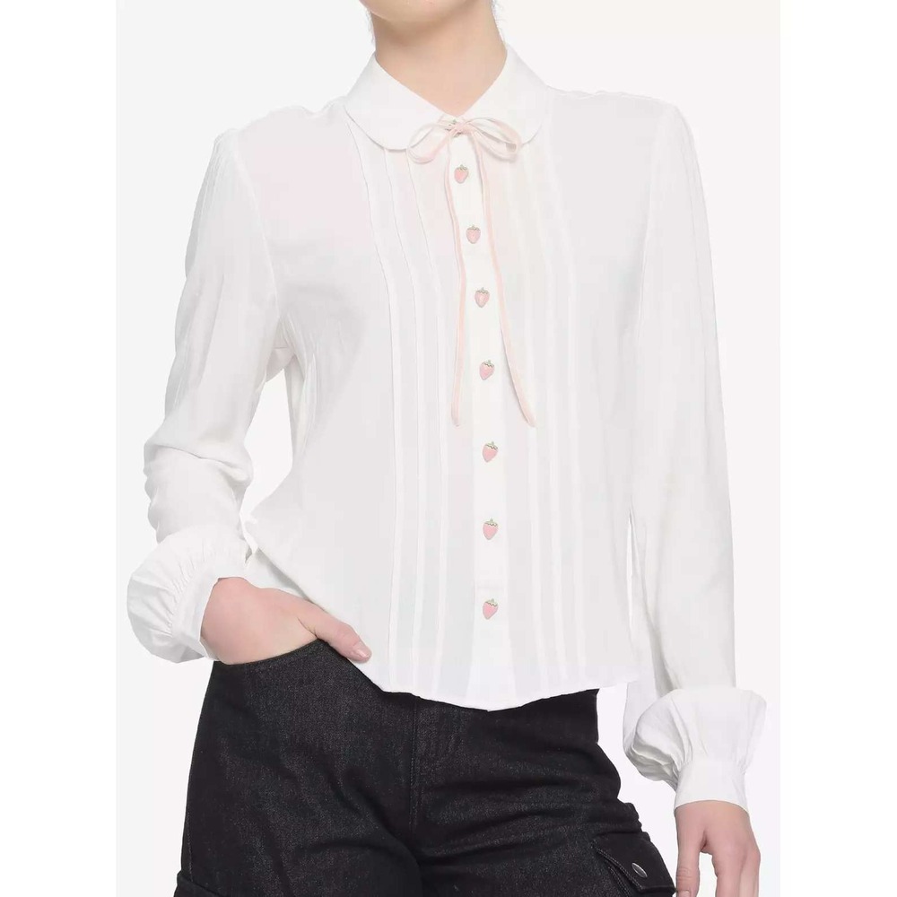 Hot Topic White Strawberry Button Pintuck Blouse Peter Pan Collar XS NEW